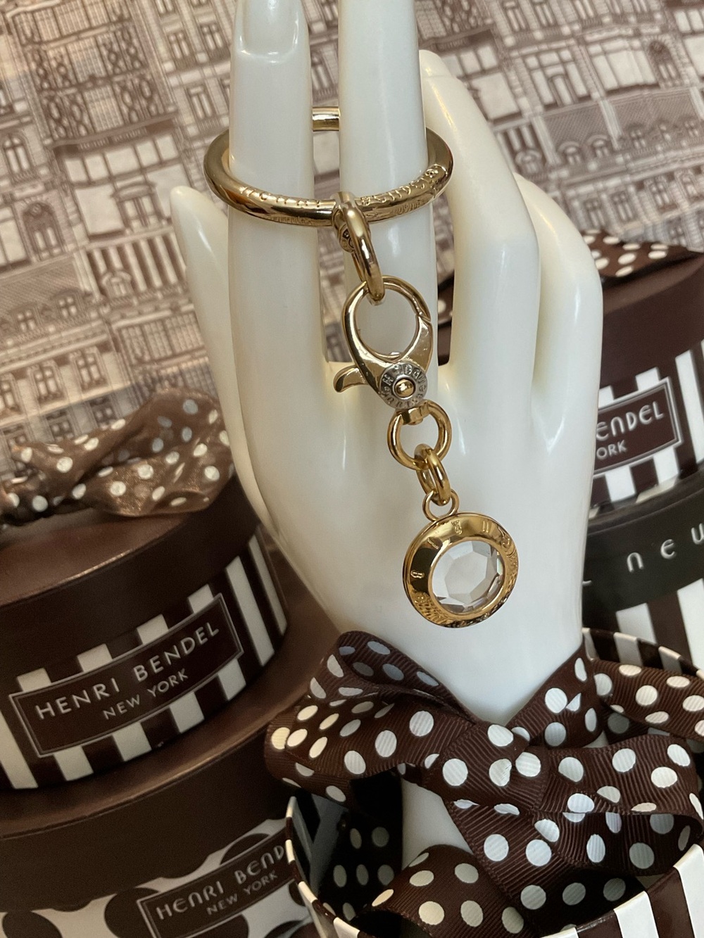 Henri Bendel Clear Faceted Crystal Spinner Key Fob Charm Gold w Keyring & Duster
